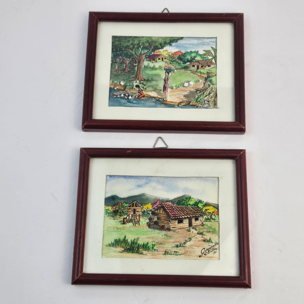 Set of 2 Vintage Guanacaste Costa Rica Watercolor Paintings  Nubia 1990 Signed
